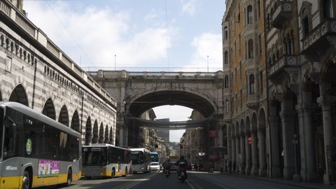 Genoa , Italy - 04 26 2021: Driving Towards Monumental Bridge On Via XX Settembre