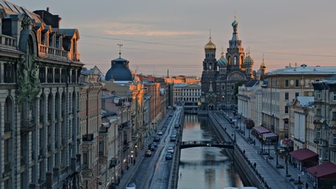 Aerial view of Saint Petersburg historical center in the morning above Zinger house. White night in the city. 20.06.2021 Saint Petersburg. Russia