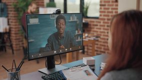 Coworkers using video call on computer to talk to candidate at job interview. Asian women attending remote meeting with applicant on video teleconference to discuss hiring and intern contract. - Powered by Shutterstock - Get 15% off with code: PIKWIZARD15