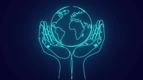 Save the planet Earth by hands holding the globe representing care for nature in futuristic neon Animation 