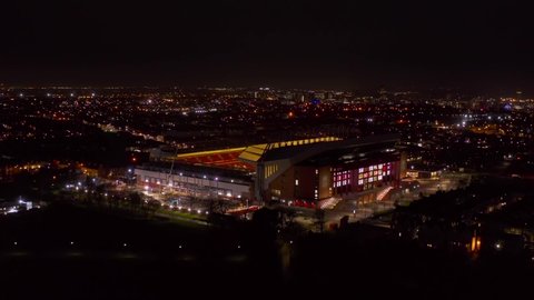 LIVERPOOL, UK - 2021: Night aerial view of Liverpool Football club stadium Anfield