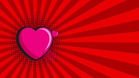 Red Pop Art background for Valentine's day. Red background with radial lines and dots with heart symbol. 4K animated template for text