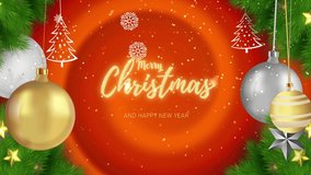 A magical festive screw line red winter background with falling snowflakes and animated Christmas tree toys and a Christmas tree branch. - Powered by Shutterstock - Get 15% off with code: PIKWIZARD15