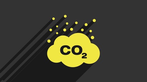 Yellow CO2 emissions in cloud icon isolated on grey background. Carbon dioxide formula symbol, smog pollution concept, environment concept. 4K Video motion graphic animation.