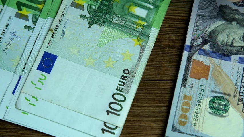 closeup paper 100 euro banknotes of eu slowly fall on old wooden table, slide along it, concept of cash, payments, savings, banking, return money debt, car, win in casino, get passive income Royalty-Free Stock Footage #1083808075