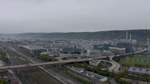 Stuttgart, Germany - October 2021: Aerial video of Mercedes-Benz Untertürkheim plant during sunset in Bad Cannstatt