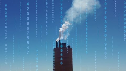 Chimney toxic gas smoke. Climate change. Climate control. Air pollution smoke at chimney factory industry with binary code counting. Dioxide carbon emission reduction data counting. Pollution air.
