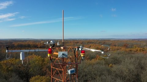 BRNO, CZECH REPUBLIC, SEPTEMBER 24 2020: Eddy covariance consist sonic anemometer scientific tower station research gas analyzer wind, sunshine pyranometer measurement incoming diffuse solar radiation