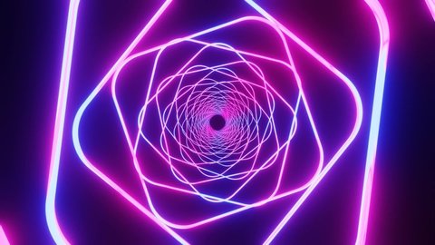 Abstract Rotating Blue and purple neon lights cubes hi-tech motion background.