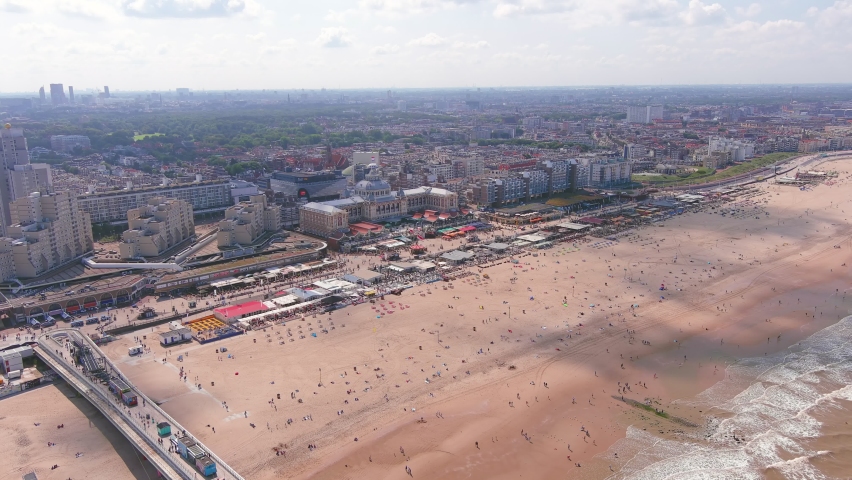 The Hague: Aerial view of famous Scheveningen Beach in city Hague (Haag), luxury hotels and North Sea in summer - landscape panorama of Netherlands from above, Europe