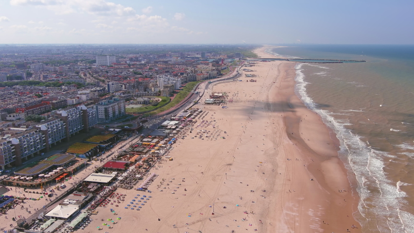 The Hague: Aerial view of famous Scheveningen Beach in city Hague (Haag), North Sea in summer - landscape panorama of Netherlands from above, Europe