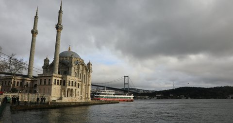 View of Ortakoy Mosque and Bosphorus Bridge in the light of December.