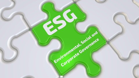 ESG. Environmental, Social and Corporate Governance. Folding white puzzles elements and one green with text ESG. Environmental, Social and Corporate Governance. Footage video