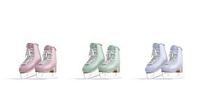 Blank colored ice skates with blade mockup pair, looped rotation, 3d rendering. Empty pink, green and blue skating boots mock up, isolated on white background. Clear sport training shoe template. - Powered by Shutterstock - Get 15% off with code: PIKWIZARD15