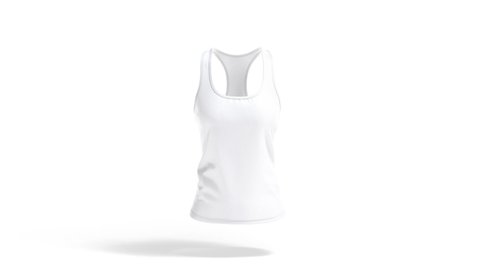 Blank white women racerback tank top mockup, looped rotation, 3d rendering. Empty female sleeveless t-shirt mock up, isolated on white background. Clear cycled basic undershirt template.