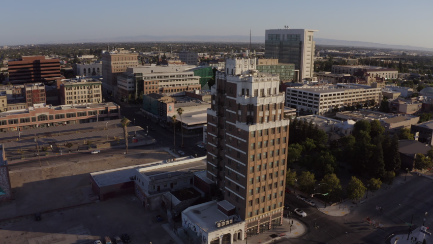 Sunset view of downtown Stockton, California, USA.