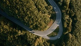 Aerial drone point of view of winding road through an autumn forest, multiple cars are taking a sharp turn.