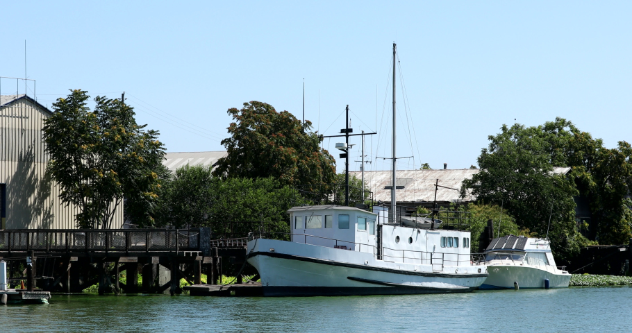Daytime view of the public Marina on the San Joaquin River in Stockton, California, USA.