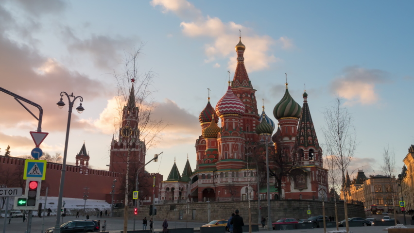 Sunset view of Saint Basil Cathedral and Spasskaya Tower on Red Square. Moscow