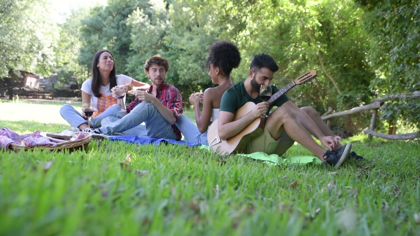 Happy multiracial young people having fun together at pic nic party outdoors sitting on the lawn - Multiethnic joy concept friends happy in sunny day at park. 4k video. Royalty-Free Stock Footage #1083848227