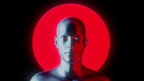 Abstract metal man body with red light circle on black background. Modern fashion 3d animation. Technological digital concept. Creative futuristic motion art. - Powered by Shutterstock - Get 15% off with code: PIKWIZARD15