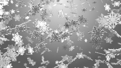 3D looping falling white digital snowflake on grey background animation. white snowflakes animation with blurred bokeh for winter snow, Christmas and New year background. Snow Snowfall Snowflake 
