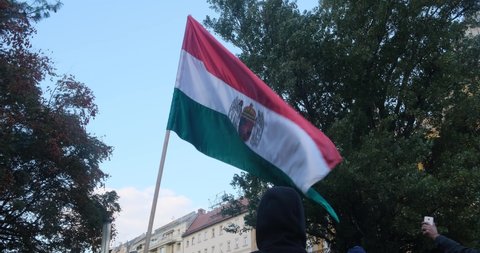 Budapest, Hungary - 22 October 2021: Man holding Hungary flag. Demonstration or protest footage. Political activity, Illustrative Editorial