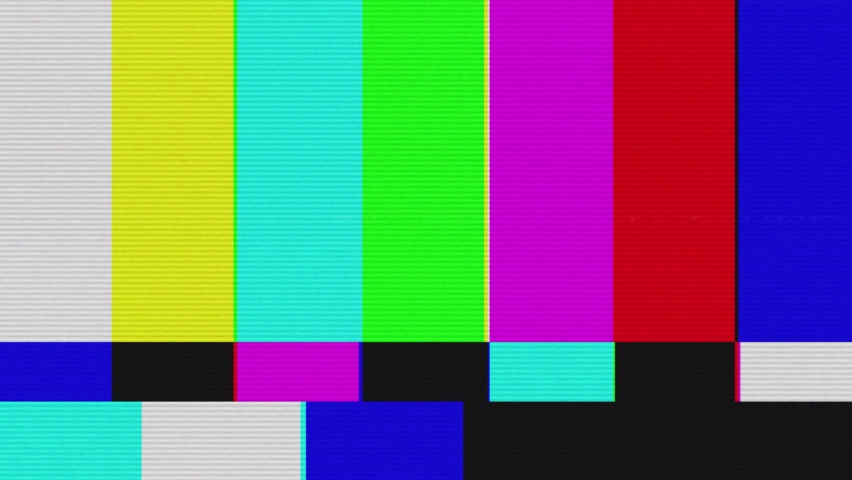 No signal, glitch retro TV screen. Distortion analog TV signal. Television error screen. SMPTE color bars data glitches. Bad signal, damaged interference, flickering old vintage TV screen. Royalty-Free Stock Footage #1083851713