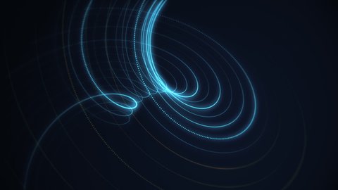Elegant spiraling fractal light wave motion background animation with glowing gold and blue particles. Full HD and looping geometric background.