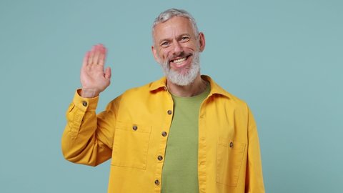 Happy elderly gray-haired bearded man 50s wears yellow shirt look around for friend find waving meet greet with hand as notices someone isolated on plain pastel light blue background studio portrait