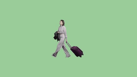 Young woman walks with a luggage. Transparent background