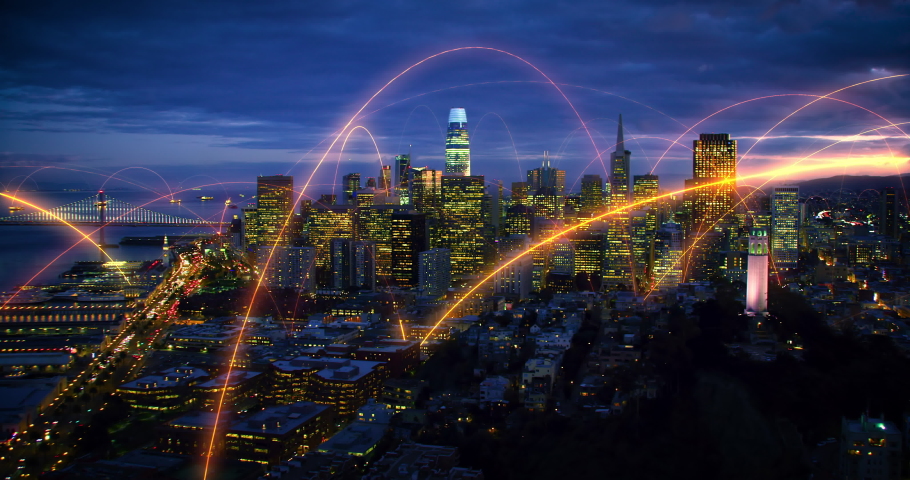 Holographic Arches. Futuristic Aerial View of San Francisco Connected by Amber Lines. Representing Concepts As: Smart City, IOT, AI, Cloud Computing, Wireless Technology. Shot In 8K.