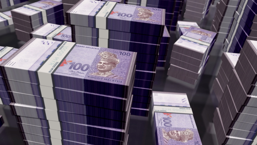 Malaysia Ringgit money notes packs loop. 3D flight over MYR banknotes stacks towers. Loopable seamless abstract background concept of business, economy crisis and finance. | Shutterstock HD Video #1083859144