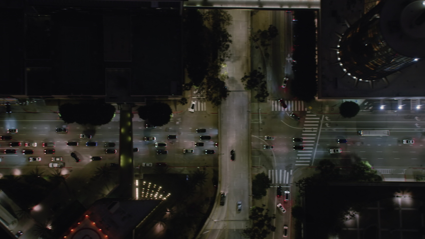 Looking Straight Down on City Streets With Traffic. Over Head View of Several Buildings in Downtown Los Angeles, California. 