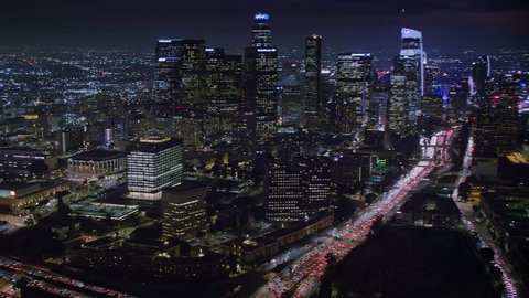 Los Angeles, California. United States. Circa, 2019. Aerial View Downtown Los Angeles at Night. Famous skyscrapers. Traffic in Interstate 110 Highway. Harbor Freeway.
