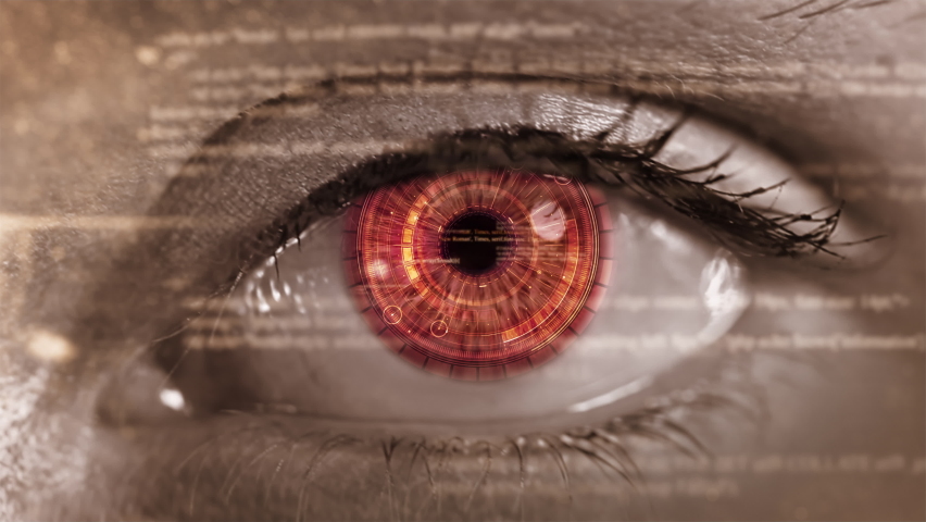 Macro Shot of Young Female Brown Eye With Hi Tech Futuristic Sophisticated Technology Hud Application With Augmented Reality Holograms. Internet of Things, Surveillance System. - Powered by Shutterstock - Get 15% off with code: PIKWIZARD15