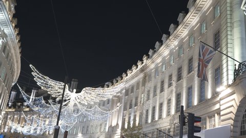 A street in London decorated with lit up angels for Christmas.
