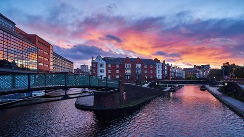 Birmingham city sunset timelapse. Canal Quarter cityscape, England, UK