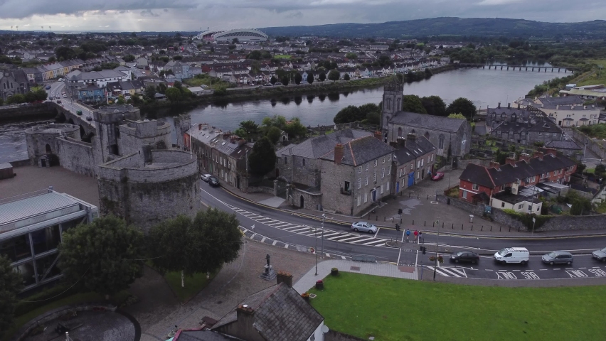 Aerial Shot flying a drone over the Limerick city and part of the Limerick Castle, County Limerick, Ireland