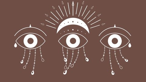 The minimalist abstract tattoo art style big outline white eyes with pupil that reproduces natural movements isolated on nude skin tone background. Teardrops beads swaying in different directions.