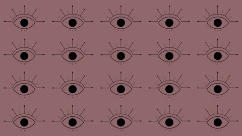 Abstract, tattoo art style video, 2d animation. The minimalist style outline black eyes with pupil that reproduces natural movements isolated on nude skin tone background. Eyes blinking. Looping video
