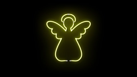 Glowing Neon Yellow Line Christmas Angel Icon Isolated on Black Background. Neon Xmas Decoration Elements Concept, 4K Ultra HD Video Motion Graphic Animation.