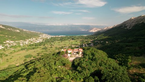 Sanctuary of Mary on the hill in Batomalj on Krk island aerial view, Kvarner bay of Croatia