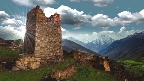 An ancient castle in the mountains. Landscape with the ruins of a historic stone structure. Archaeological site. Animation. 4K. Loop.