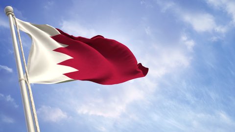 Bahrain waving flag realistic 3d animation with sunny blue sky, outdoor, looking up, HD
