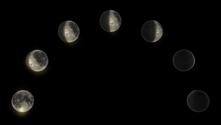 Phases of the Moon, seven rotating 3D moons, creating a semicircle with alpha matte, looping animation.