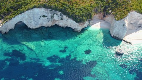 Aerial view of the secluded Fteri beach on the island of Kefalalonia, Greece, during summer time.