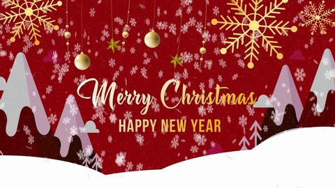 Christmas or New year and 2021, 2022. Mobile gold inscription MERRY CHRISTMAS on the background of red brown. Christmas tree branches with gold and frozen snowflakes. 4K 3D loop animation
