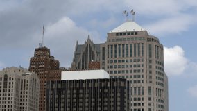 Panning shot of skyscraper skyline of Detroit