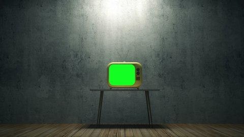 Dark Grunge Room Interior with Retro TV on a Table with Green Screen. 4k Animation